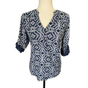 FRESH PRODUCE Cotton Top Womens Size XS Blue White Roll Tab Sleeves